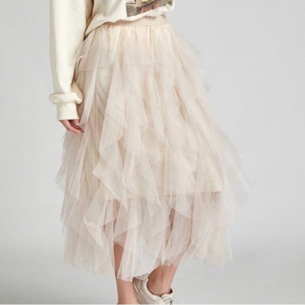New Beige Layered Elegant Flowy Midi Skirt